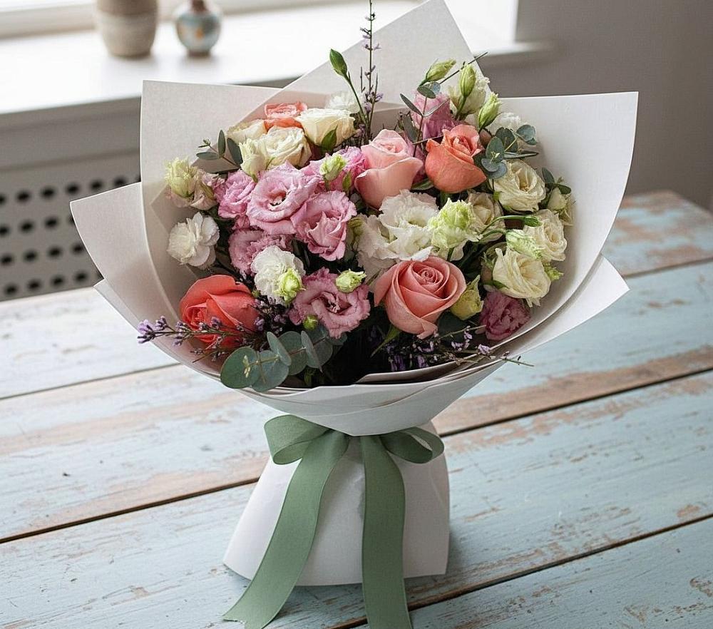 Букет цветов из: Розы, Лизиантусы и Гвоздики в Решоткино