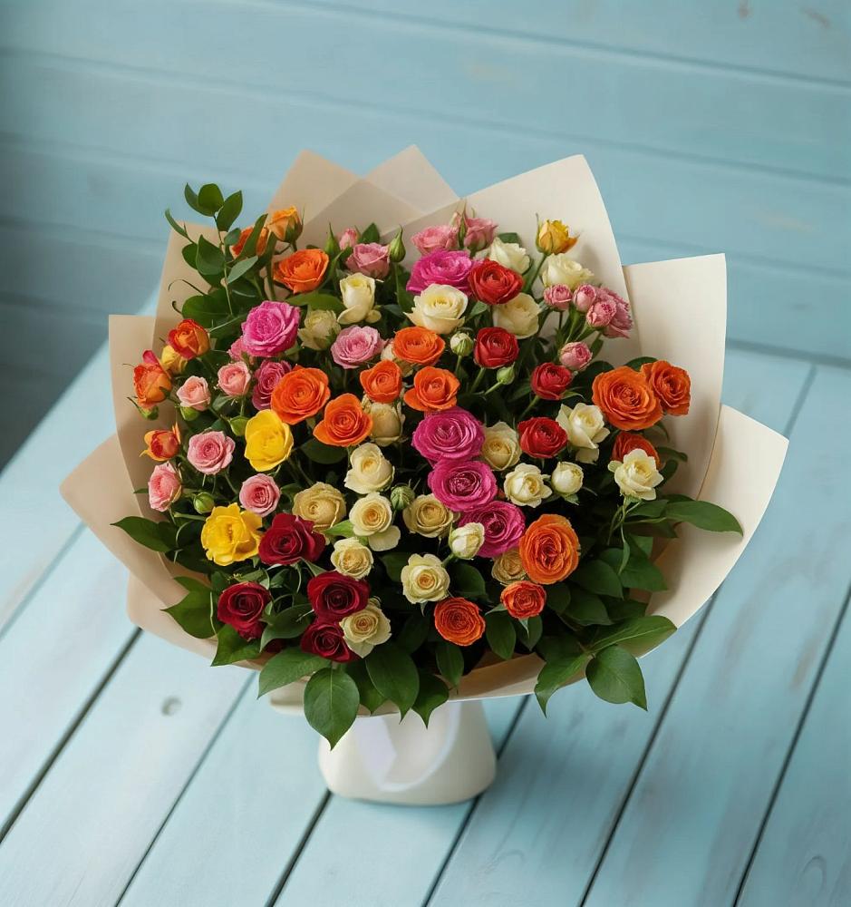 Букет Микс из разноцветных кустовых роз в Решоткино