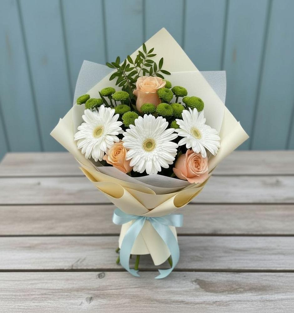 Букет цветов из: Герберы, Розы и Хризантемы в Решоткино