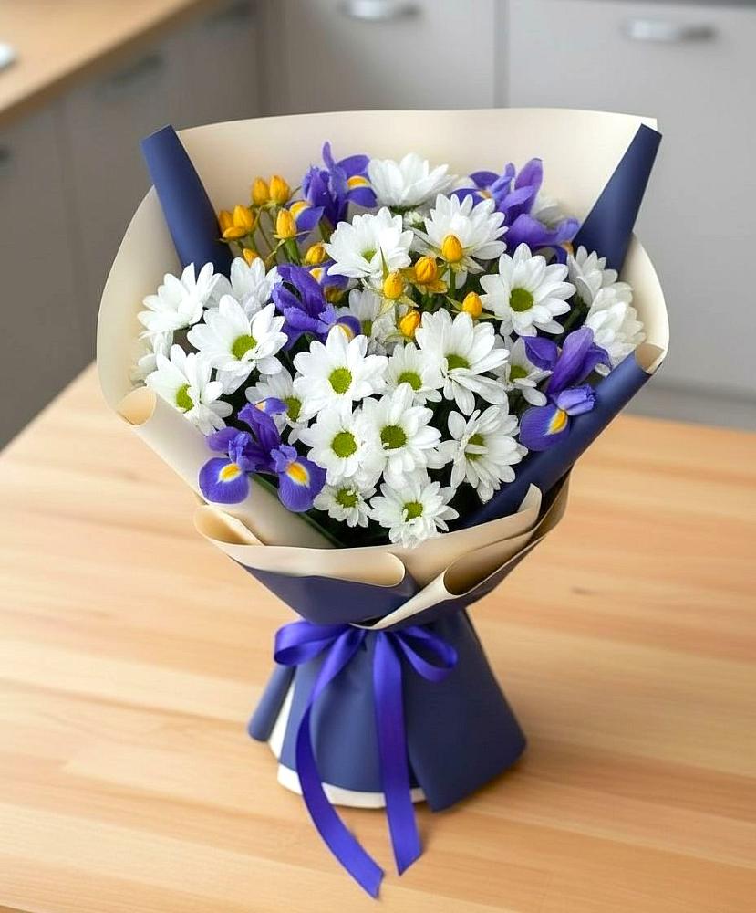 Букет цветов из: Розы, Ирисы и Хризантемы в Решоткино