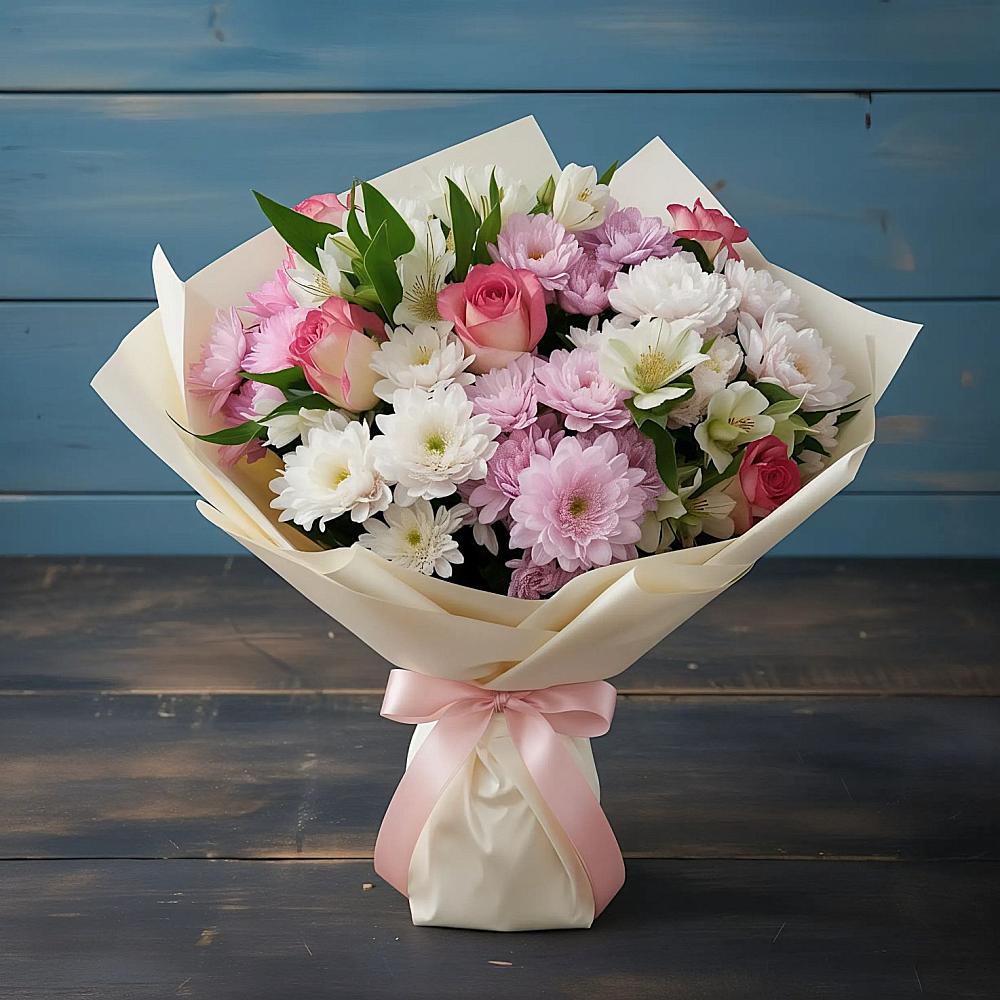 Букет цветов из: Хризантемы, Альстромерии и Розы в Решоткино